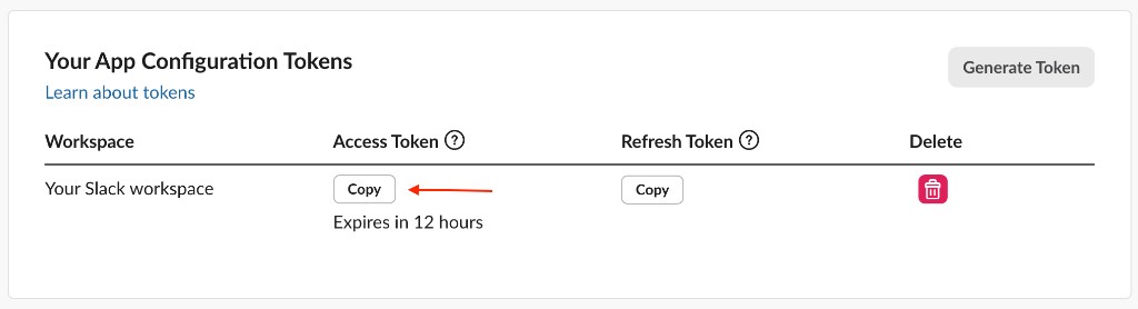 Slack app config token screen