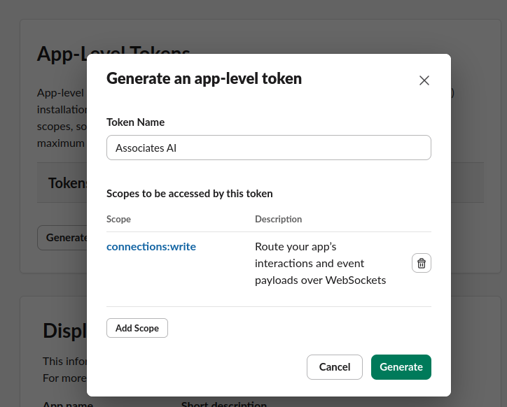 Generate app token modal